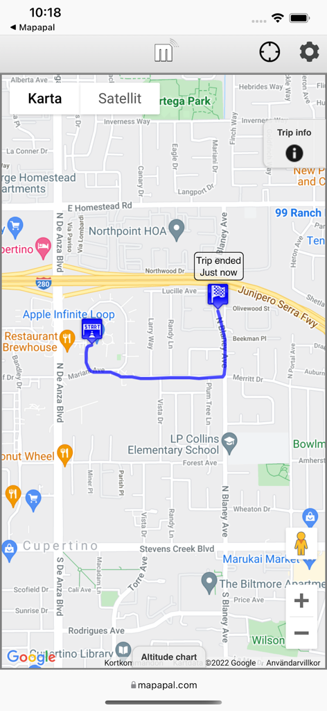 Mapapal -Real Time GPS Tracker - Interfaz de la aplicación Mapapal que muestra una ruta de viaje GPS grabada con puntos de inicio y fin en un mapa