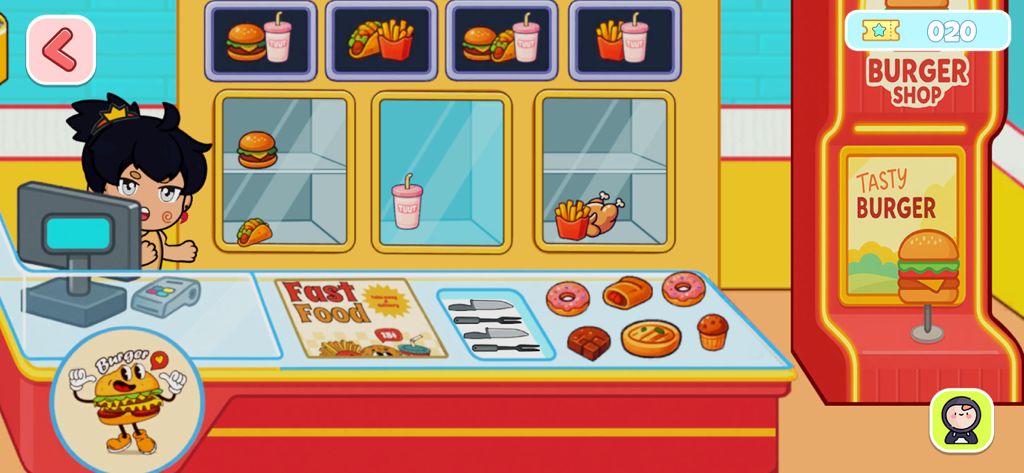 Lifora Life: My Ava World - An avatar character working behind the counter in a colorful burger and fast food shop