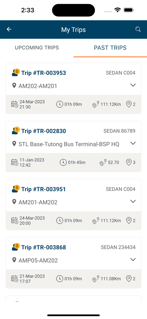 iLogistics Go - The past trips screen in the iLogistics Go app showing previous journey details.