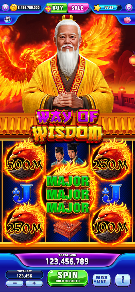 Dragon Jackpot Slots Casino - Dragon Jackpot Slots game screen showing the Way of Wisdom slot machine theme with a wise master character and phoenix jackpot symbols