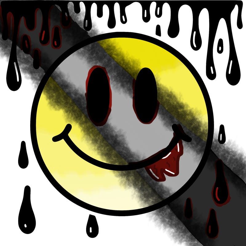 smiley face with drippy black and white background