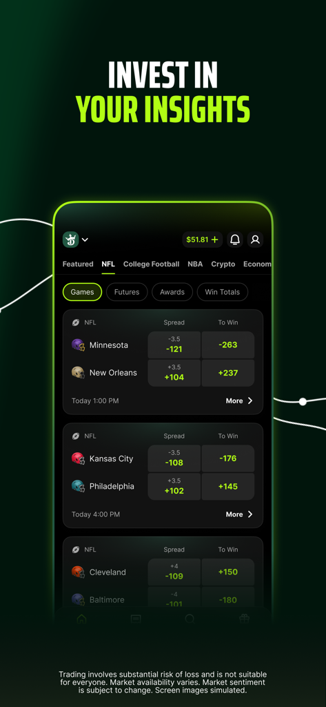 DraftKings Predictions - Interface de l'application mobile DraftKings Predictions montrant les marchés de trading des matchs de la NFL