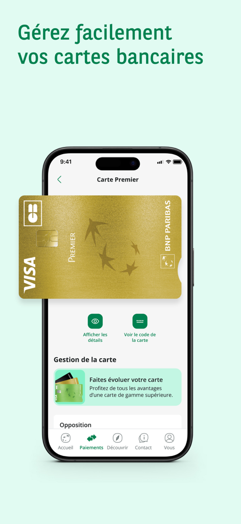 Capture d'écran mobile affichant les fonctionnalités de gestion des cartes bancaires dans l'application BNP Paribas