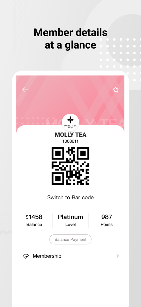 Molly Tea - Molly Tea app membership card showing QR code and rewards status