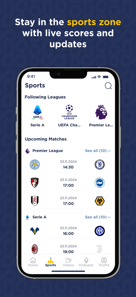 Daily8 app sports interface showing followed leagues and upcoming football match schedules