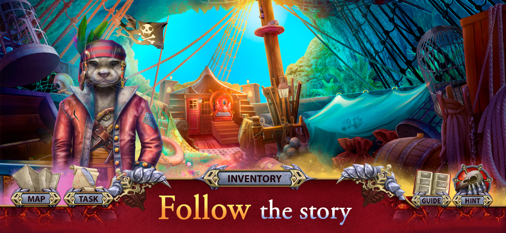 Knight Cats 2: Hidden Objects - An otter dressed as a pirate on a ship deck in Knight Cats 2