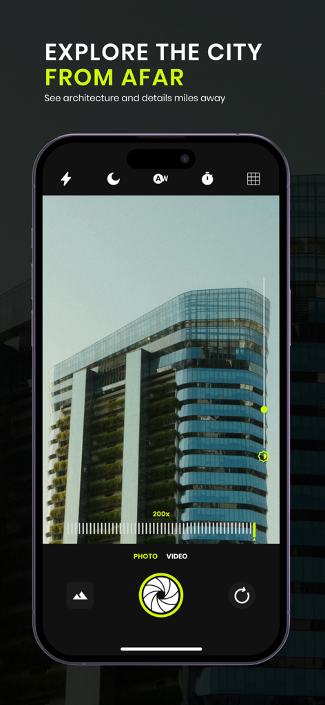 A smartphone screen displaying the Pro Zoom 200x app zoomed in on a modern glass city building.