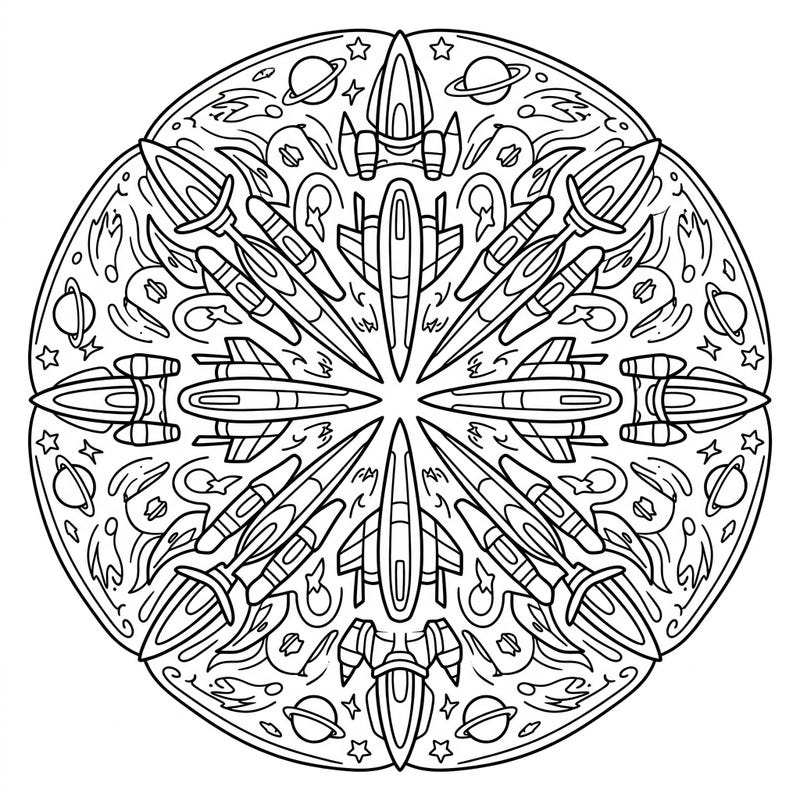 Ignite your child's imagination with this thrilling scout ship mandala coloring page, perfectly designed for young space explorers. Featuring an array of unique spaceships and celestial bodies, it offers a captivating artistic journey.
