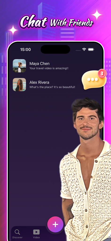 Trilux - Video&Social - Interfaz de la aplicación Trilux que muestra la función de chat con amigos con mensajes directos y notificaciones