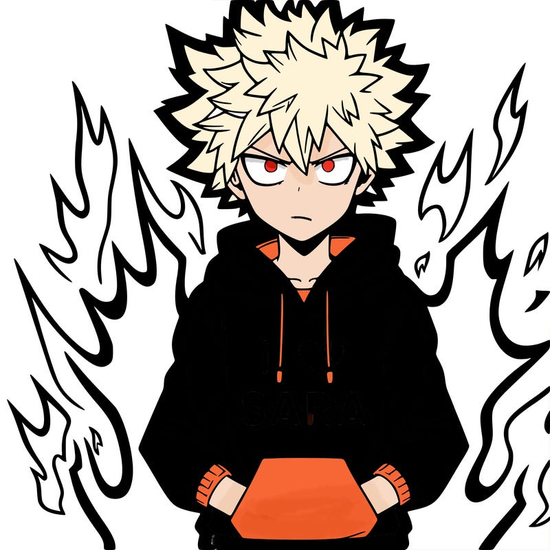 bakugo my hero academia with a hoodie that says i love sara