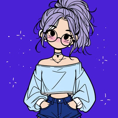 girl with a messy ponytail glasses a baggy crop top and jean shorts