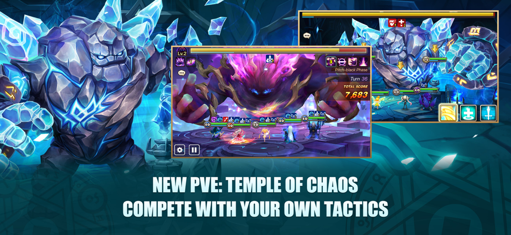 Summoners War - Summoners War : Le Temple du Chaos en mode JcE présente des combats de boss tactiques.