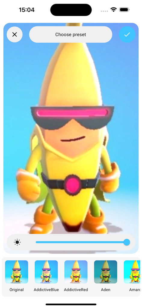 Interfaccia per la personalizzazione di uno sfondo con skin di personaggio banana con varie preset di colore e regolazione della luminosità