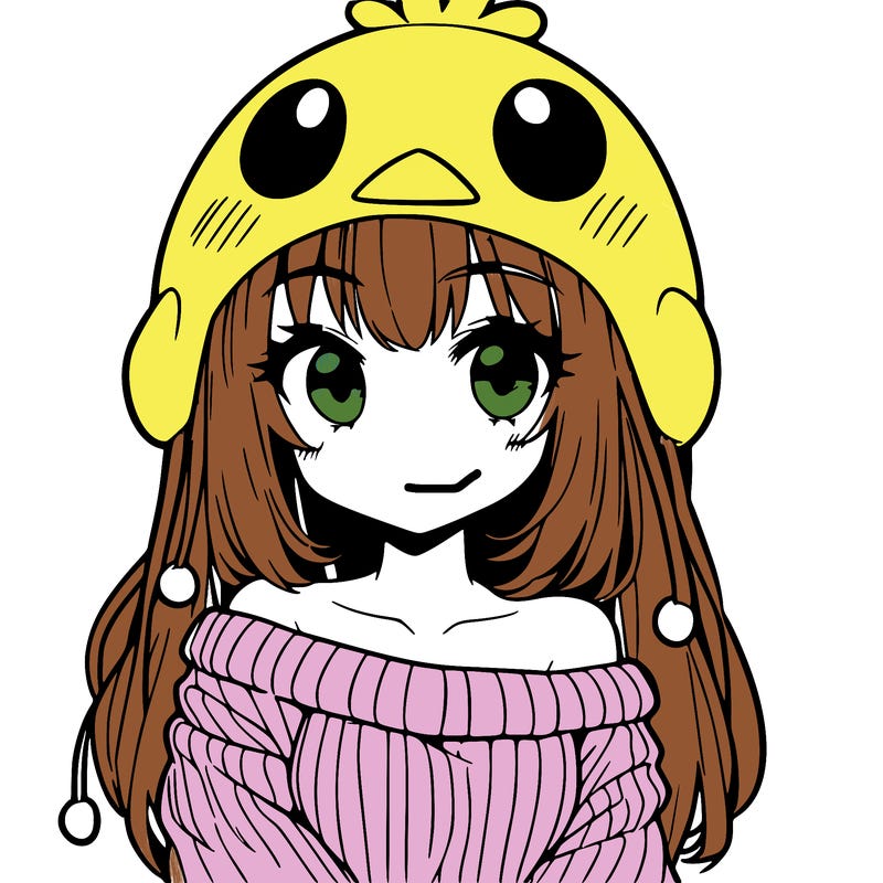 anime girl with chick shaped hat with sweater with bare shoulders with bangs covering them one eye with low tail