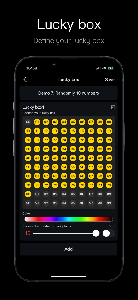 Random Picker - 3D Lucky Ball - Interface pour personnaliser les boîtes chanceuses et sélectionner les numéros dans l'application Random Picker 3D Lucky Ball.