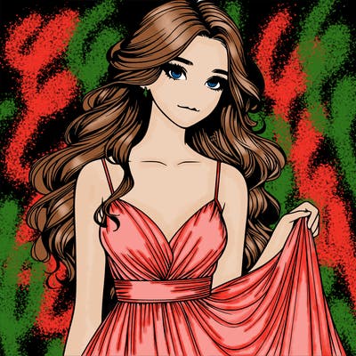 realistic girl in flowy silky prom dress