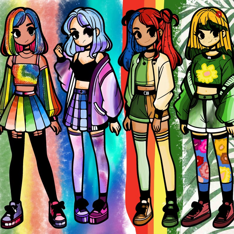 one girl with crop-top shirt and a jacket with a skirt, long socks and another girl with a shirt and pants with a jacket