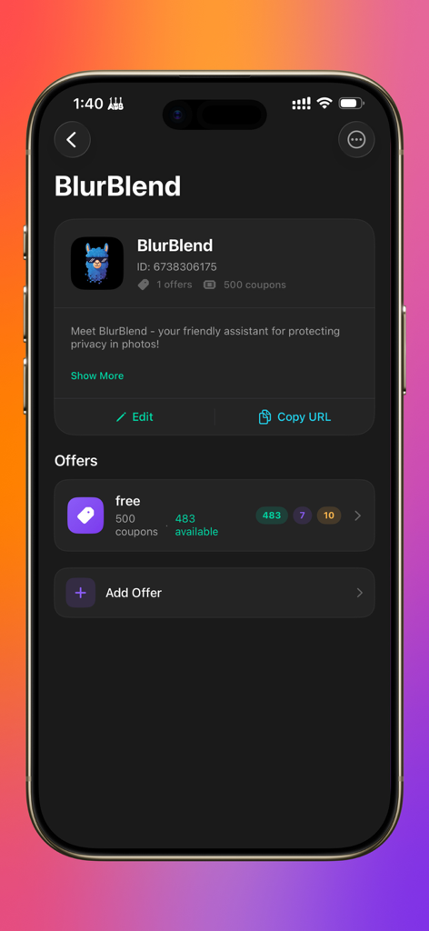 A mobile interface for the Coupon Distributor app displaying promo code management for the BlurBlend app including available and shared coupons