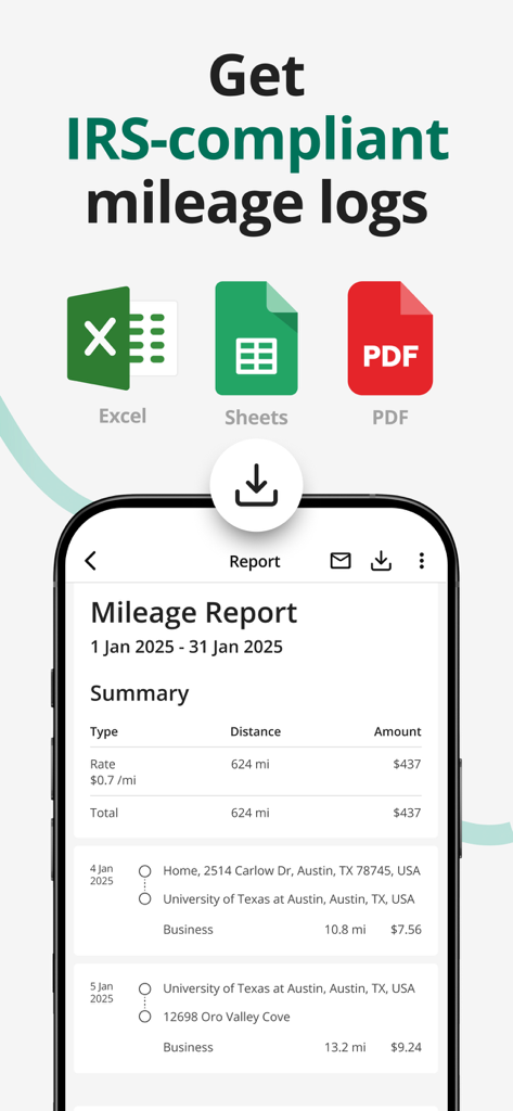 Mileage Tracker by Driversnote - Driversnote mobile app interface displaying a business mileage report with export options for Excel and PDF.