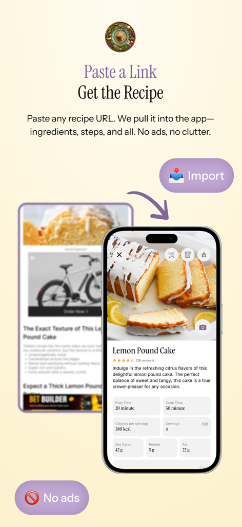 Recipe Roulette - Recipe Roulette app interface showing how to import a recipe from a URL into an ad-free format