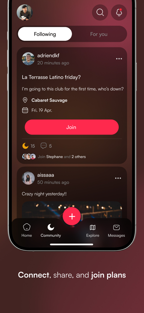 Interface de l'application Nighters montrant un flux social où les utilisateurs peuvent rejoindre des plans de vie nocturne à Paris