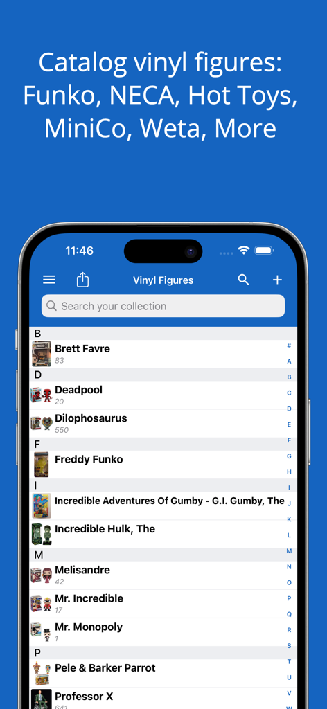 iCollect Vinyl Figures: Funko - Lista de inventario alfabético de figuras de vinilo, incluyendo Funko Pops, en la aplicación iCollect.