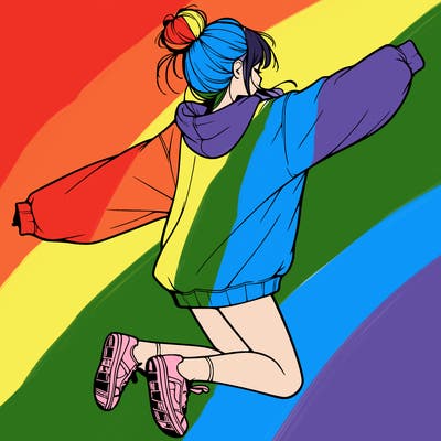 realistic girl jumping with a bun and oversized sweatshirt