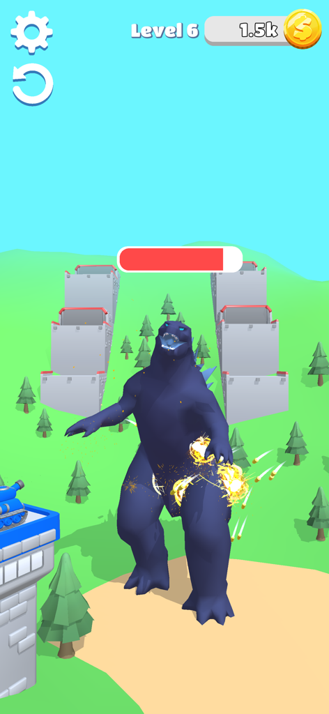 A giant blue monster boss taking damage from tank fire in a 3D landscape