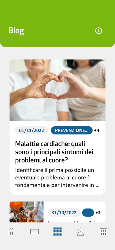 SiSalute Up - La sezione blog dell'app SiSalute Up che mostra un articolo sulla salute riguardo ai sintomi delle malattie cardiache con una forma di cuore fatta di mani