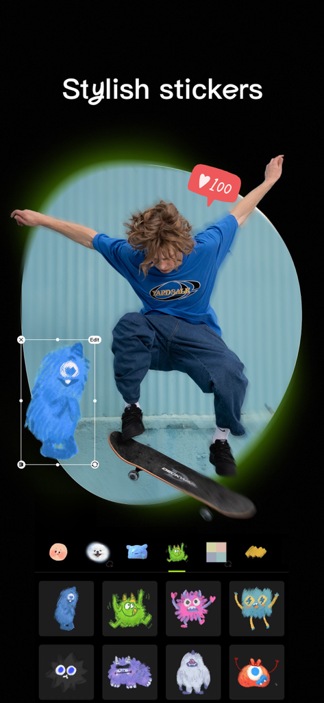 La interfaz de la app Hypic mostrando pegatinas de dibujos animados elegantes y funciones de edición de fotos.