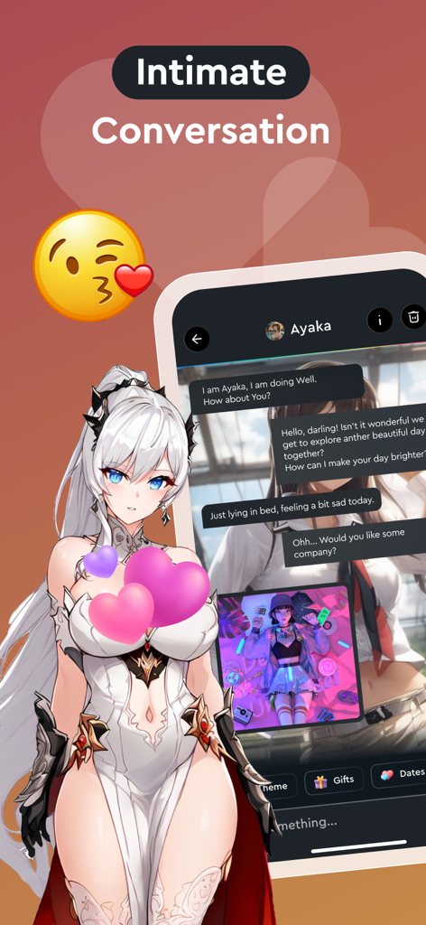 Smartphone screen displaying a chat with an anime AI character named Ayaka featuring options for gifts and dates.