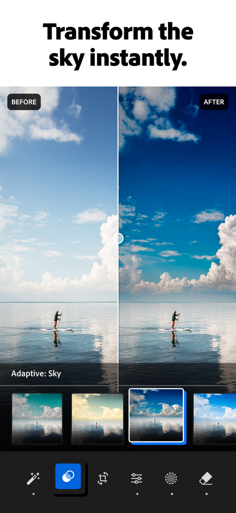 Comparaison avant et après transformation d'un ciel à l'aide de l'éditeur photo IA Adobe Lightroom