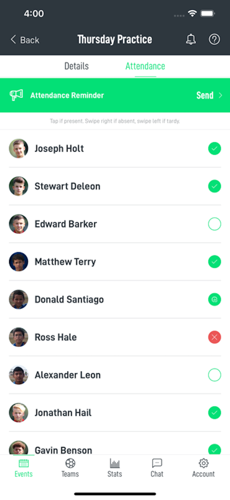 Ollie - Team/Club Management - Attendance tracking screen for a youth sports team showing player names and status for a Thursday practice.