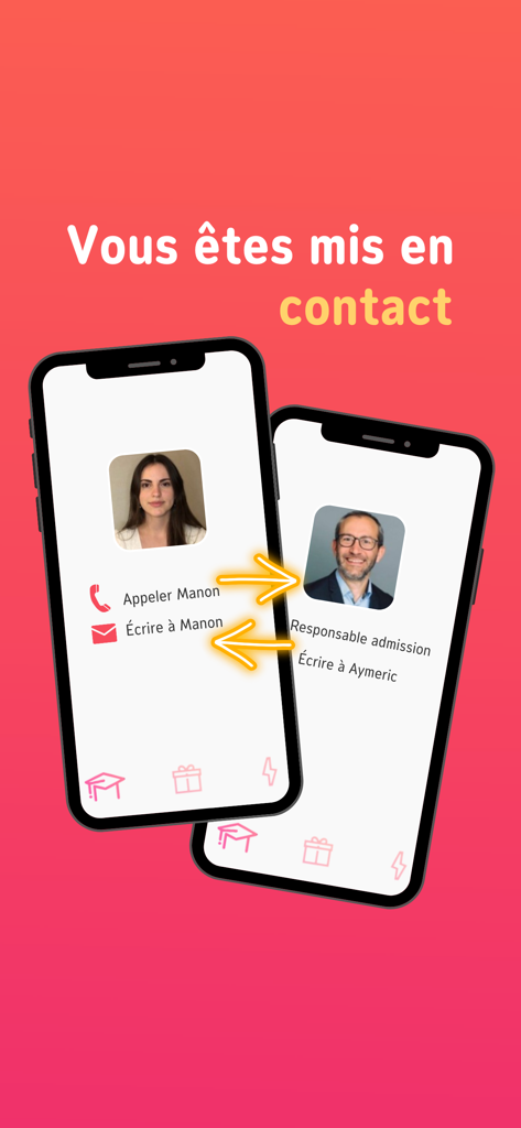 Orientation Parcoursup & Bac+3 - Deux écrans mobiles montrant un étudiant et un responsable des admissions matchez pour un contact direct au sein de l'application StudyMatch.