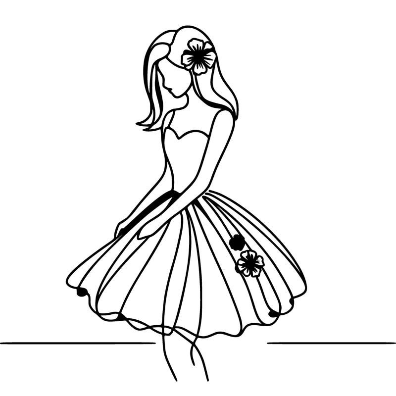 realistic one line girl in a flower dress