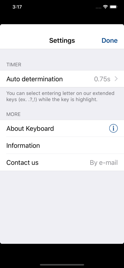 Easy Mailer Swedish Keyboard - Settings menu of the Easy Mailer Swedish Keyboard app showing auto determination timer and information options
