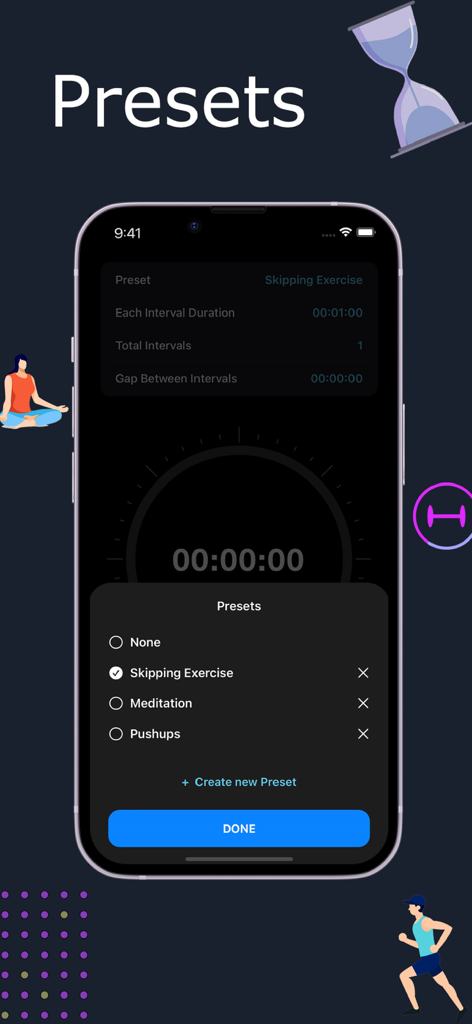 Timer Stopwatch App - Interface of the Timer Stopwatch App showing a list of activity presets like skipping, meditation, and pushups in dark mode.