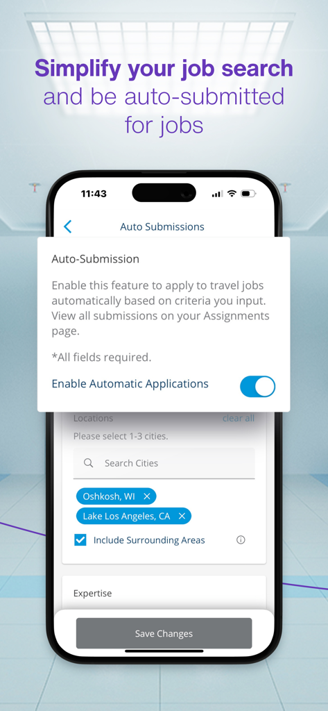 Interfaccia dell'app AMN Passport che mostra le impostazioni di invio automatico delle candidature per professionisti sanitari.