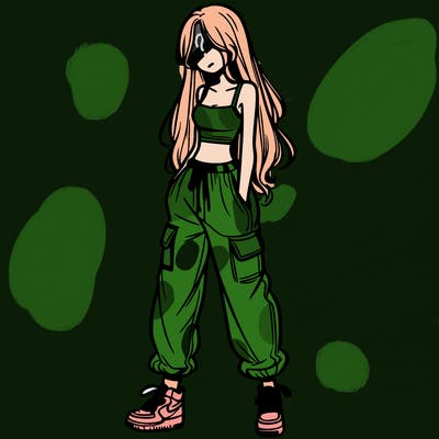 girl in baggy pants crop top and long hair