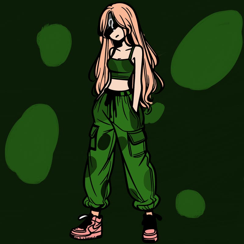 girl in baggy pants crop top and long hair