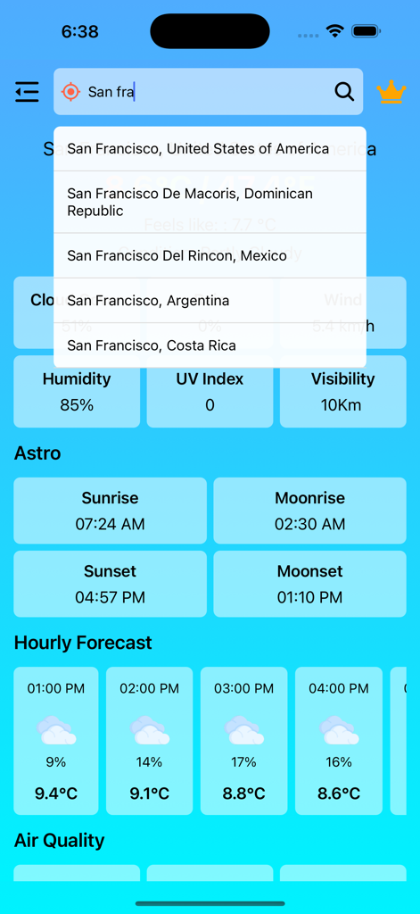 날씨 실시간 일기 예보 앱에 도시 검색 결과와 시간별 날씨 세부 정보 표시