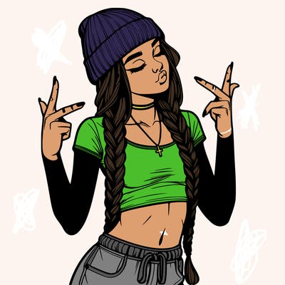 realistic teenage girl with braids and a beanie and crop top doing 🫶🏼