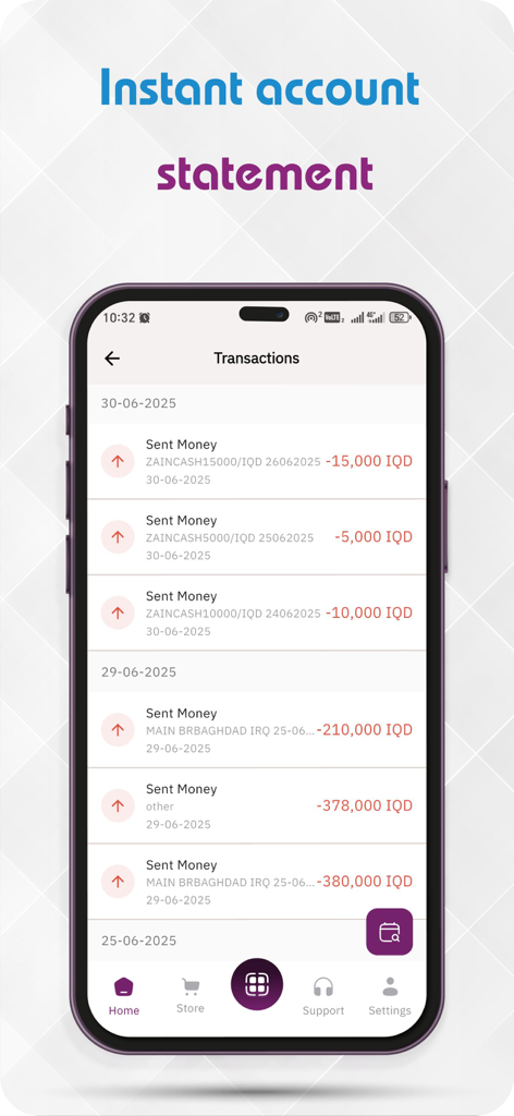 Transaction history screen in the Trust Bank mobile app showing instant account statements.