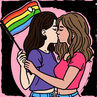 two women kissing while holding an lgbt flag