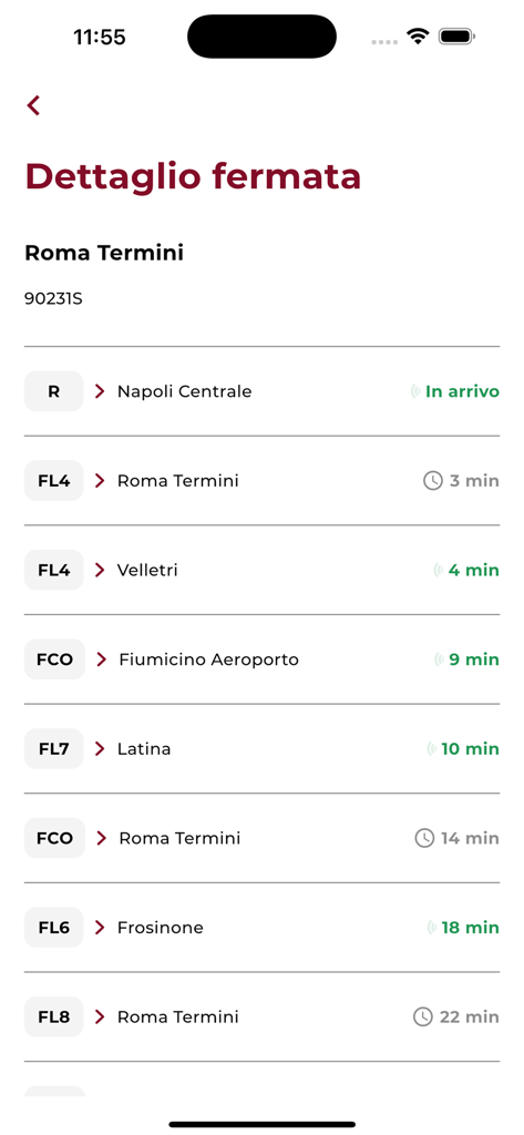 Panel de llegadas de trenes en tiempo real para la estación Roma Termini que muestra destinos y tiempos de espera en la aplicación Atac Roma
