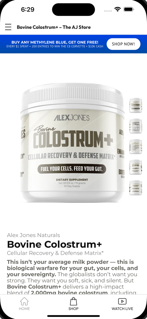 AJN LIVE - A product listing for Bovine Colostrum supplement within the AJN LIVE mobile application featuring a sweepstakes promotional banner.