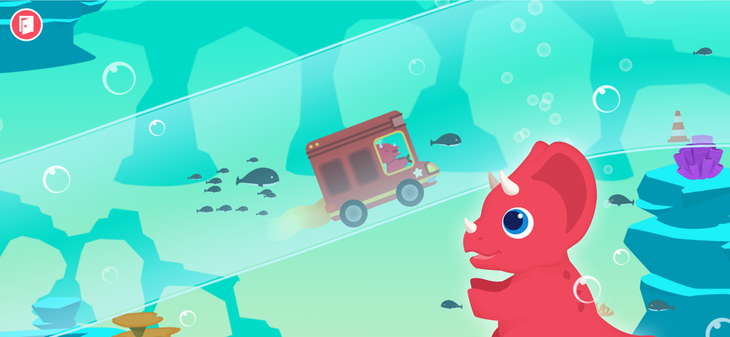 Dinosaur Car games for kids - A red triceratops watching a car drive through an underwater glass tunnel