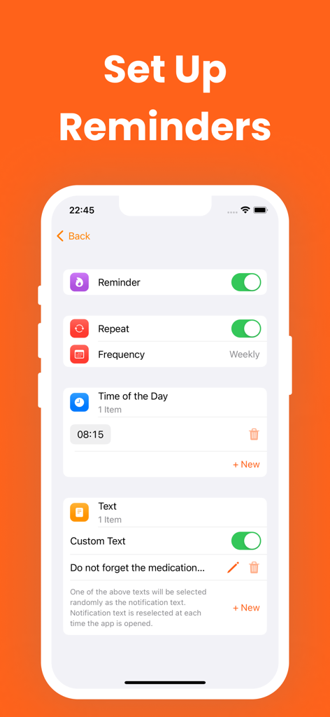 Day Counter & Tracker - Since - 時間、頻度、カスタムテキストオプションを備えた、Sinceアプリ内での定期的なリマインダーの設定を示すモバイルインターフェース。