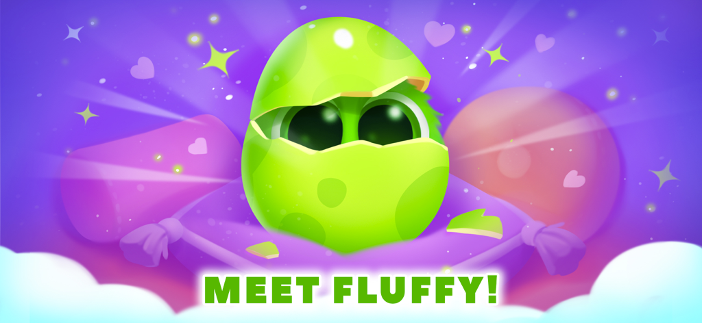 A green egg hatching to reveal a cute fluffy pet character in Fluffyville