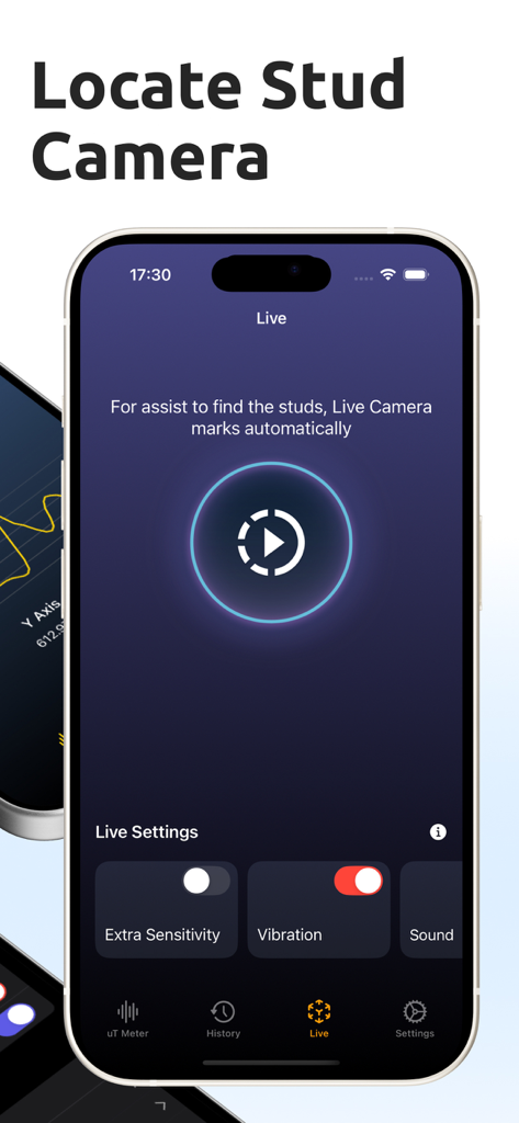 Stud Finder - Device Detector - Benutzeroberfläche der Mobile App, die die Live-Kamerafunktion zur Lokalisierung von Wandbolzen mit einstellbarer Empfindlichkeit und Vibrationseinstellungen anzeigt.